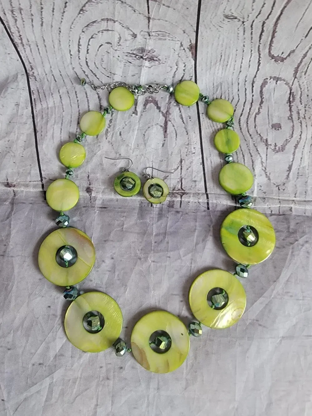 Pea Green Round Shell Necklace Chime round statement Piece Matching Earrings